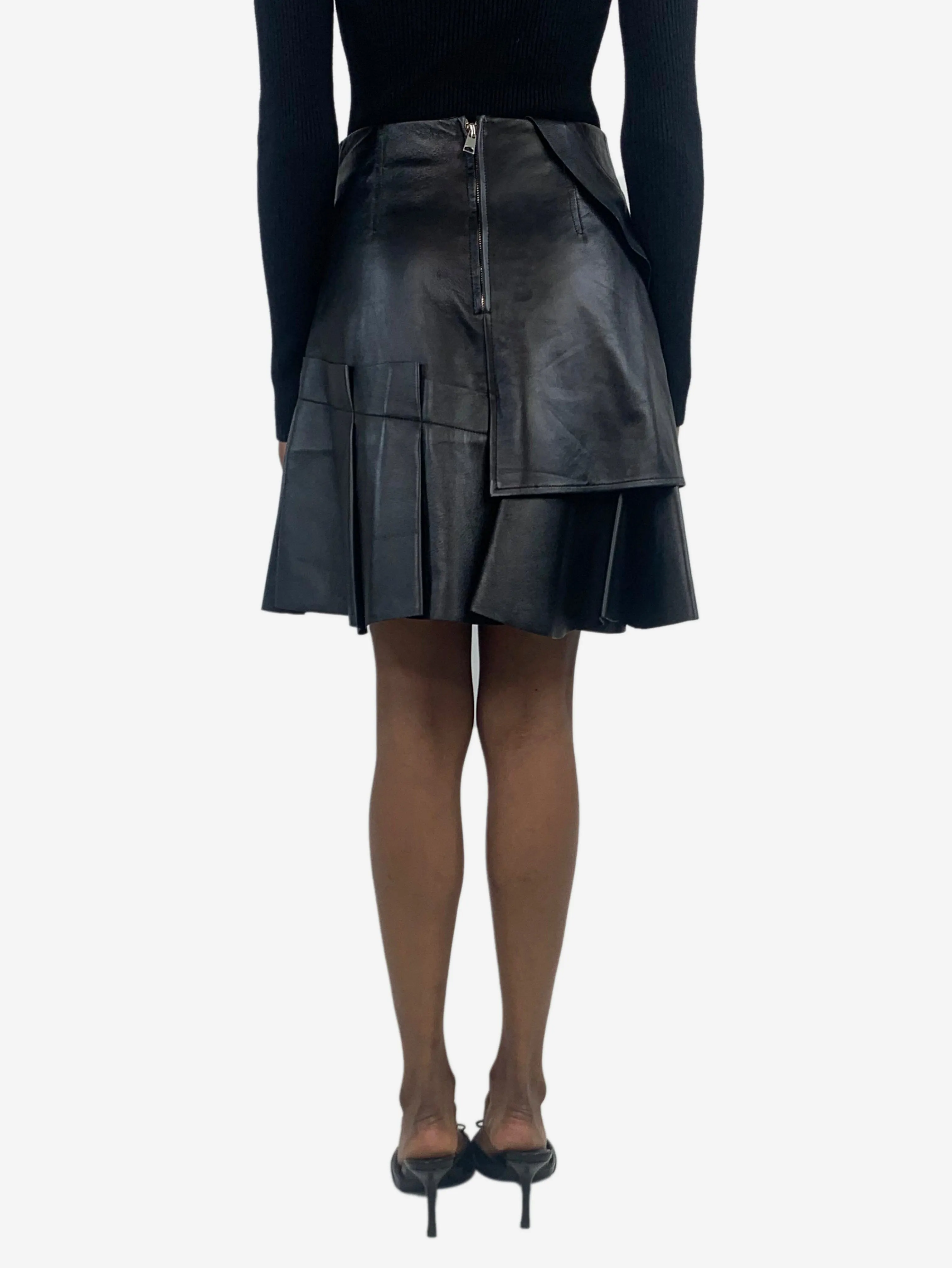 Black leather ruffle mini skirt - size UK 8