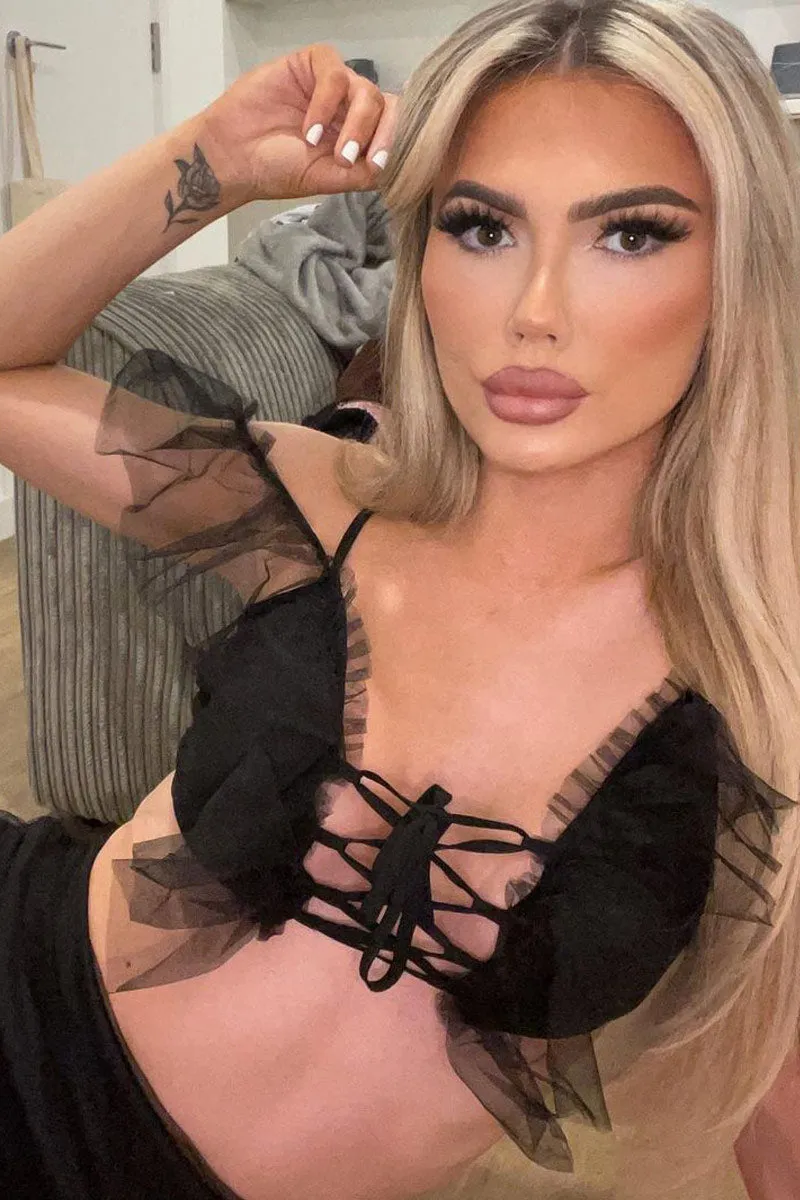 Black Mesh Frill Crop Top   Skirt Co-ord - Pansy