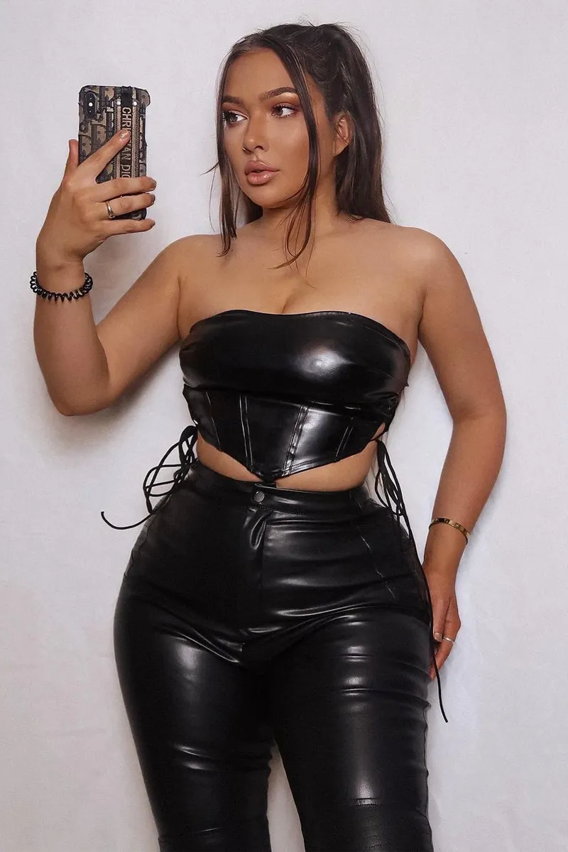 Black PU Leather Lace Up Corset Crop Top - Vian
