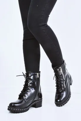 Black PU Stud Zip Detail Biker Boots - Golda