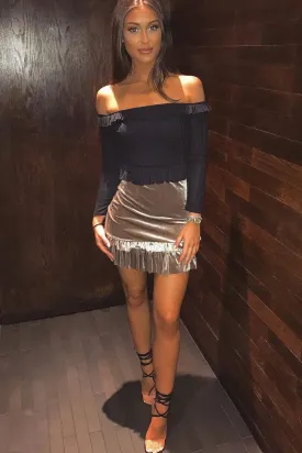 Black Ruffle Hem Ribbed Bardot Crop Top - Kaitlyn
