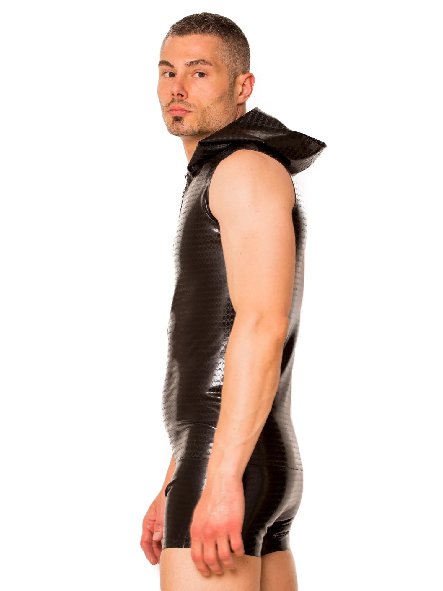 Black Sleeveless Armour Zip Latex Hoody