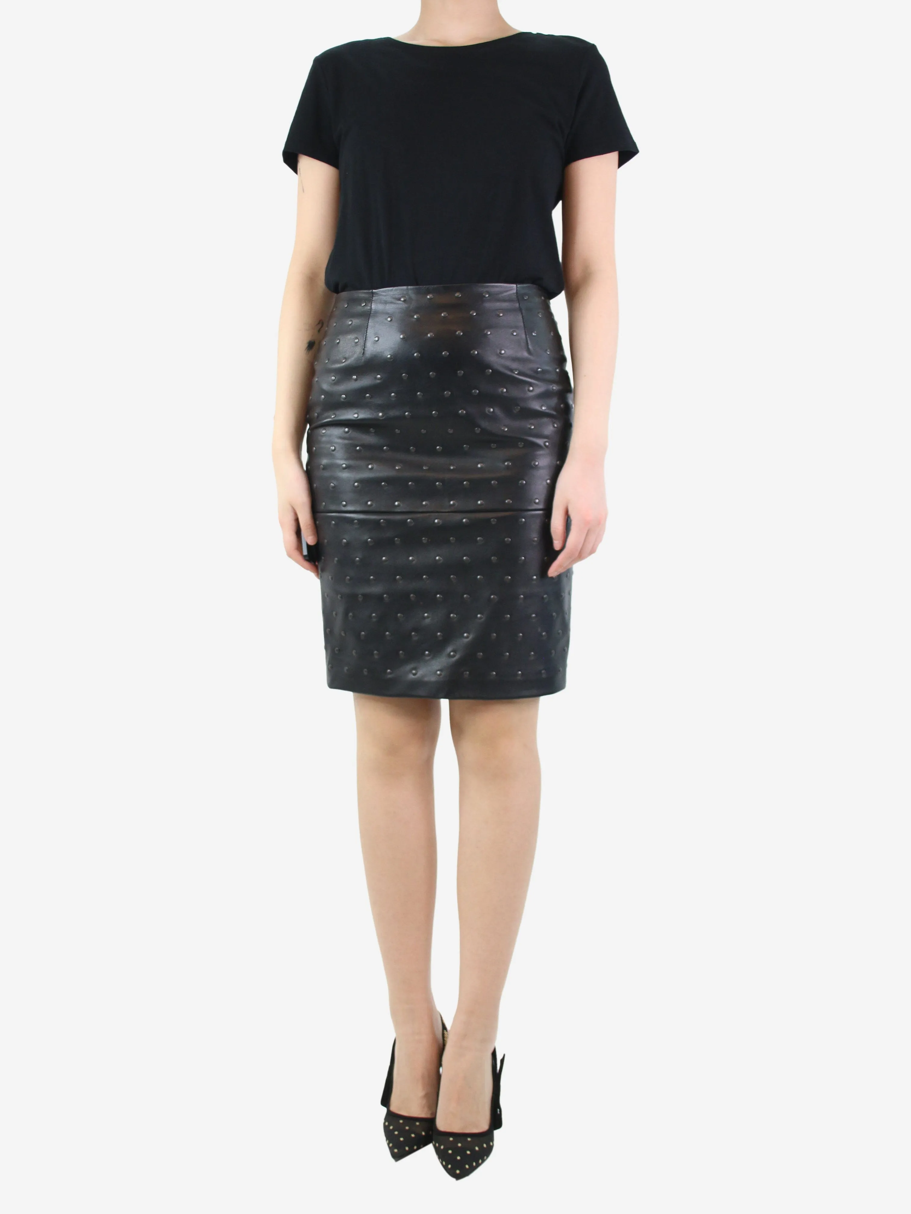 Black studded leather skirt - size UK 8