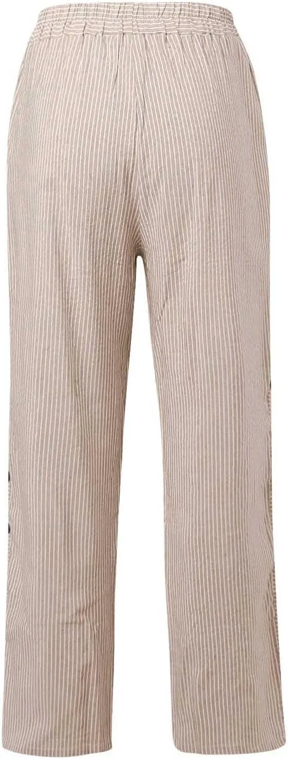Casual Pants for Women Trendy Stripe Side Button Up Elastic Waist Straight Leg Trousers with Pocket