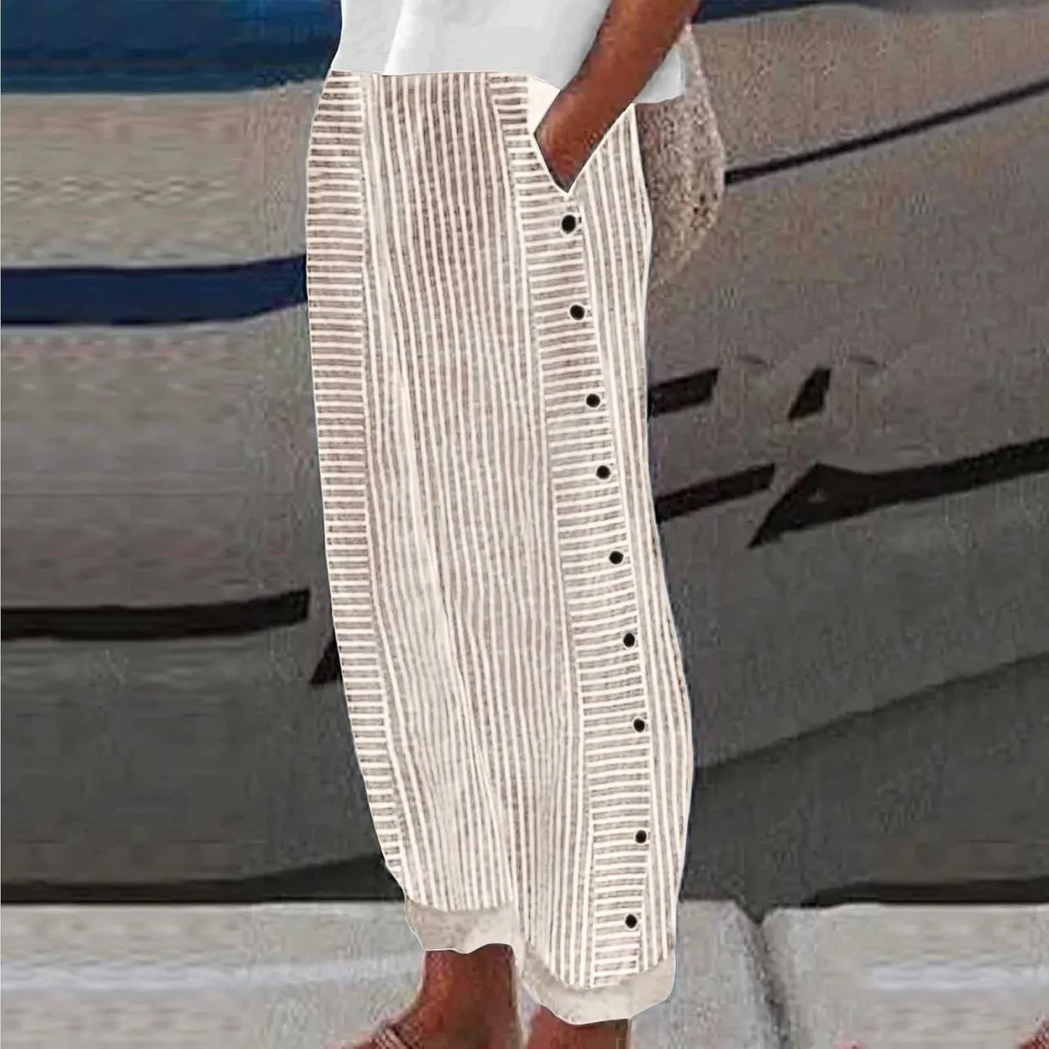 Casual Pants for Women Trendy Stripe Side Button Up Elastic Waist Straight Leg Trousers with Pocket