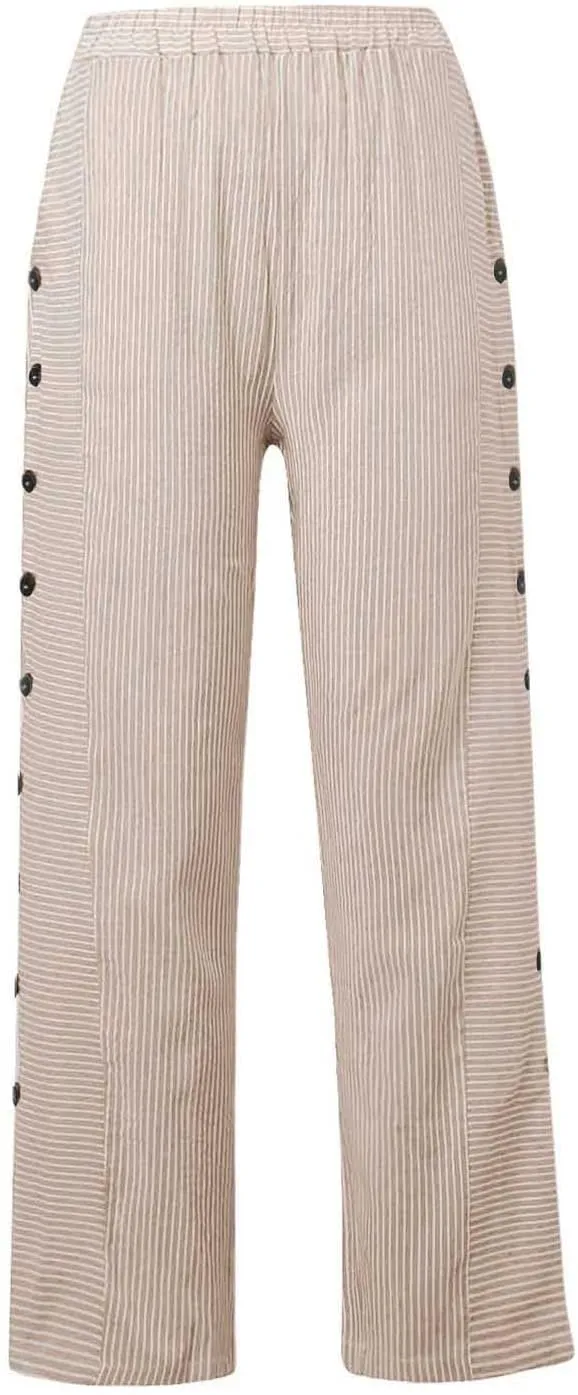 Casual Pants for Women Trendy Stripe Side Button Up Elastic Waist Straight Leg Trousers with Pocket