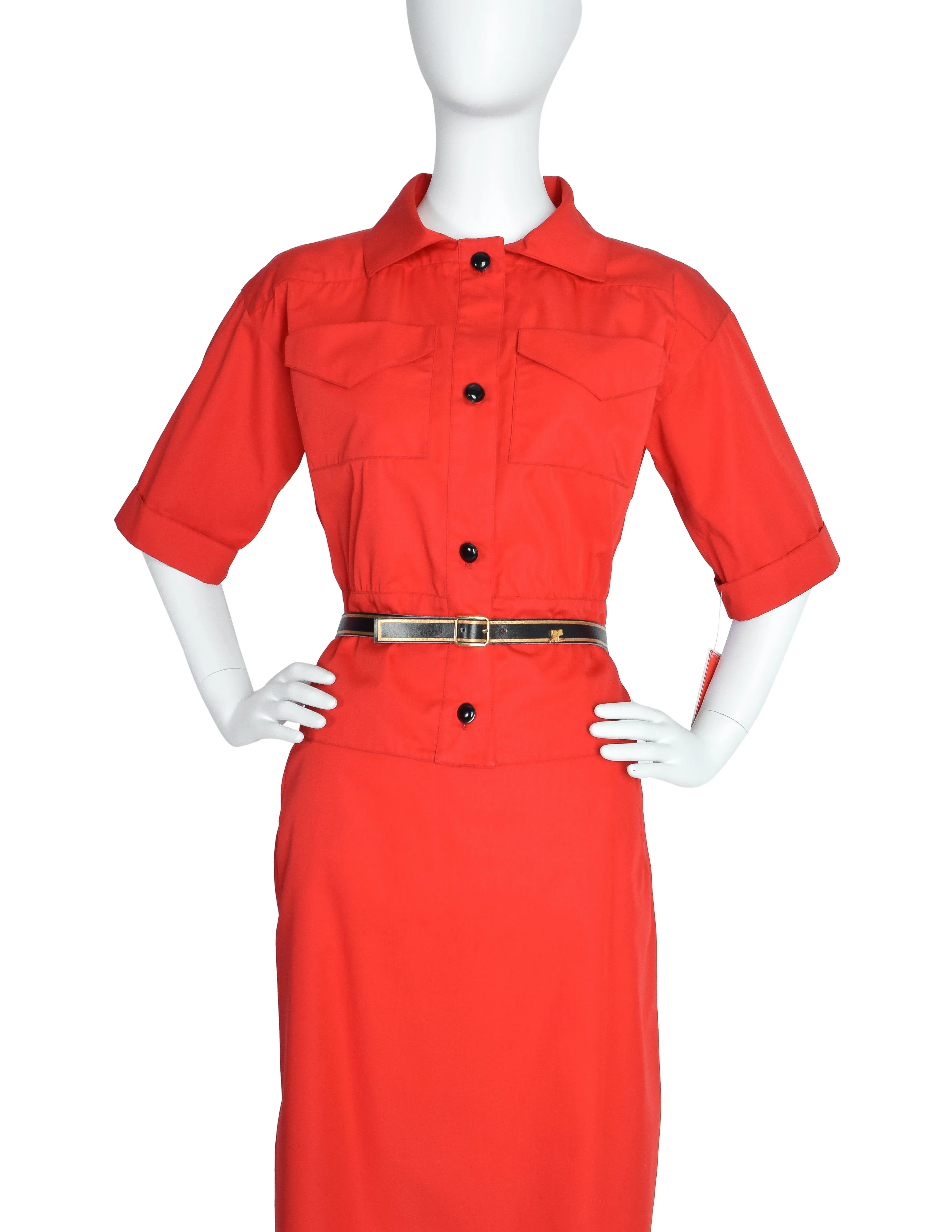 Courreges Vintage Bright Red Uniform Style Top and Skirt Set
