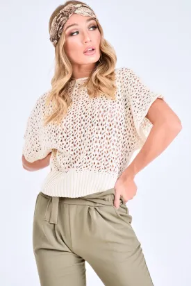 Cream Open Knit Short Sleeve Top - Elene