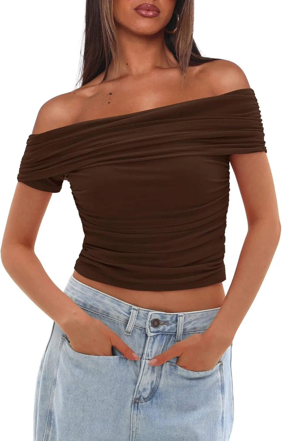 Darong Women Mesh Off The Shoulder Top Short Sleeve Double Lined Ruched Shirts Trendy Going Out Tops Summer Fashion Clothes