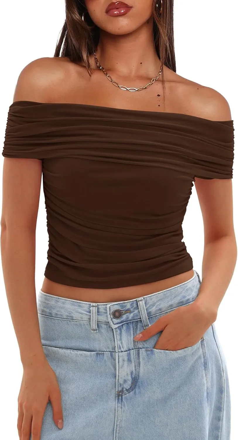Darong Women Mesh Off The Shoulder Top Short Sleeve Double Lined Ruched Shirts Trendy Going Out Tops Summer Fashion Clothes