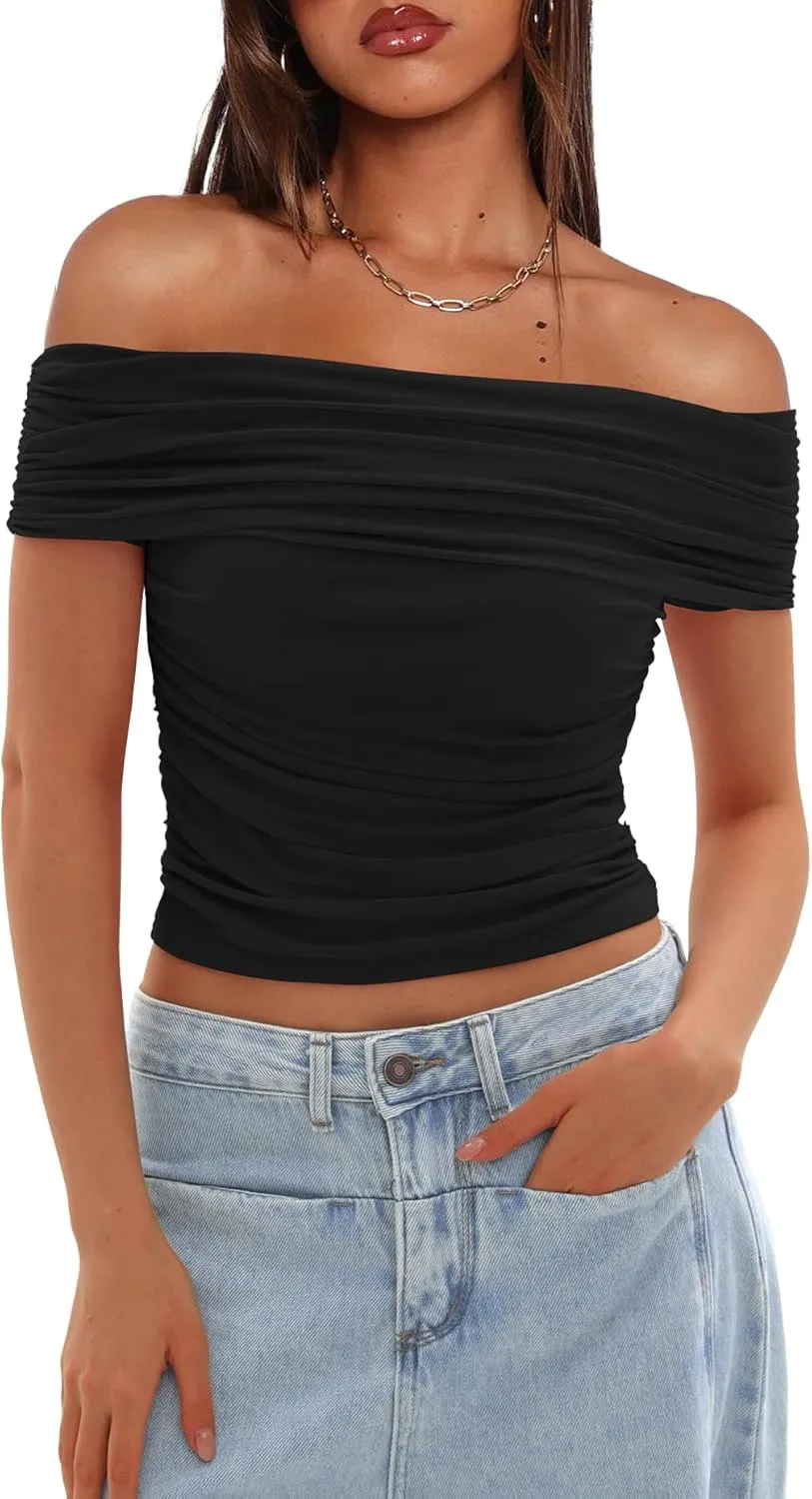 Darong Women Mesh Off The Shoulder Top Short Sleeve Double Lined Ruched Shirts Trendy Going Out Tops Summer Fashion Clothes