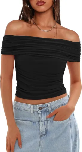 Darong Women Mesh Off The Shoulder Top Short Sleeve Double Lined Ruched Shirts Trendy Going Out Tops Summer Fashion Clothes