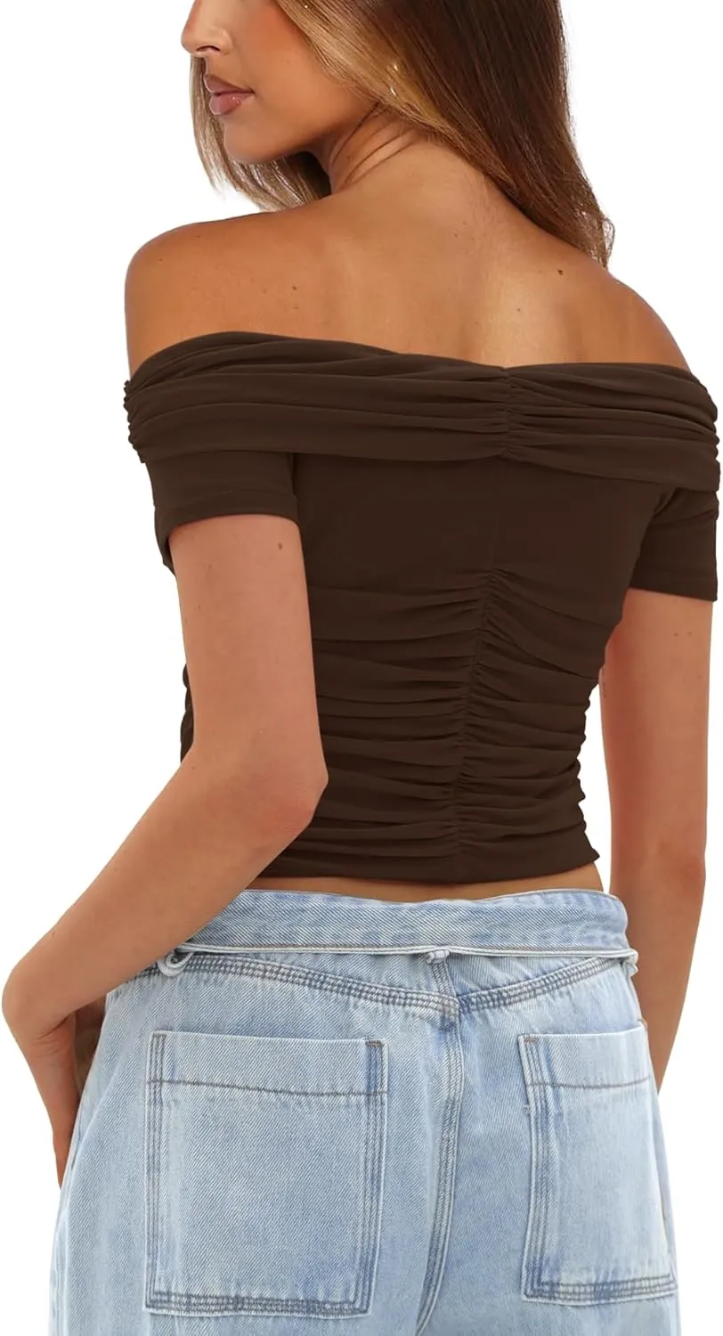 Darong Women Mesh Off The Shoulder Top Short Sleeve Double Lined Ruched Shirts Trendy Going Out Tops Summer Fashion Clothes