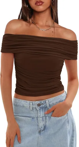 Darong Women Mesh Off The Shoulder Top Short Sleeve Double Lined Ruched Shirts Trendy Going Out Tops Summer Fashion Clothes