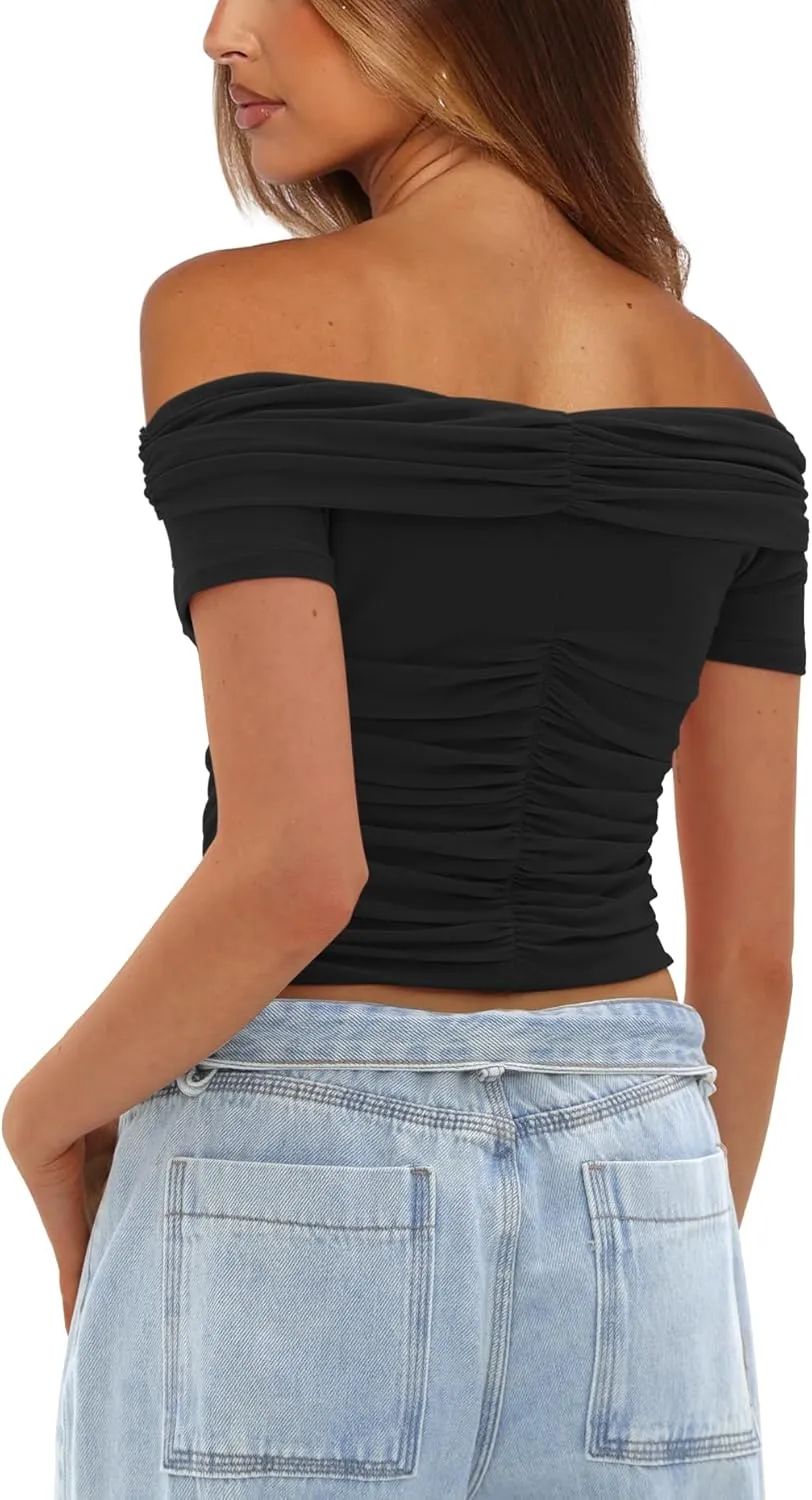 Darong Women Mesh Off The Shoulder Top Short Sleeve Double Lined Ruched Shirts Trendy Going Out Tops Summer Fashion Clothes