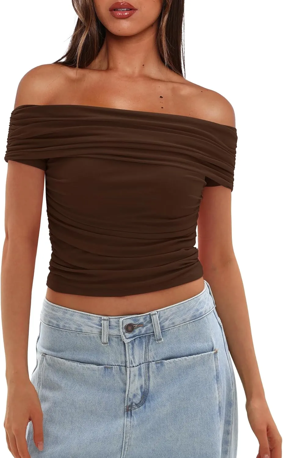 Darong Women Mesh Off The Shoulder Top Short Sleeve Double Lined Ruched Shirts Trendy Going Out Tops Summer Fashion Clothes
