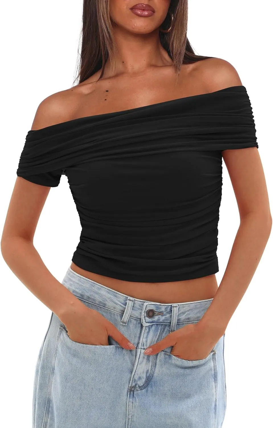 Darong Women Mesh Off The Shoulder Top Short Sleeve Double Lined Ruched Shirts Trendy Going Out Tops Summer Fashion Clothes