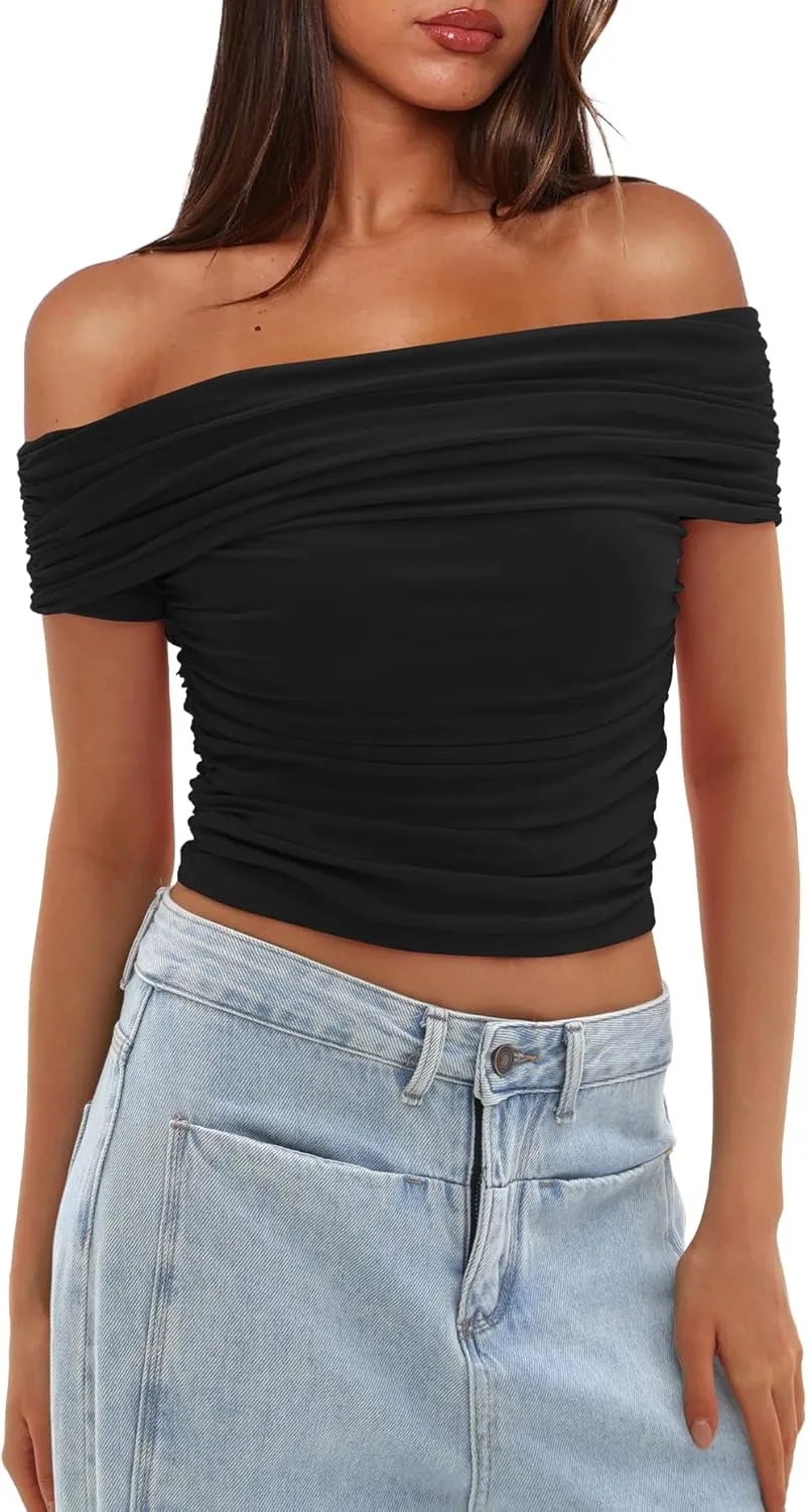 Darong Women Mesh Off The Shoulder Top Short Sleeve Double Lined Ruched Shirts Trendy Going Out Tops Summer Fashion Clothes