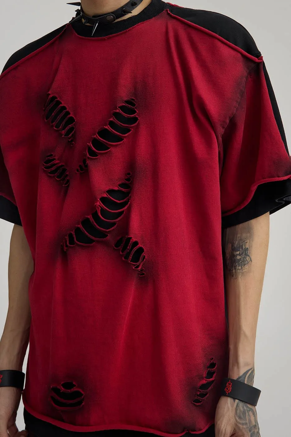 Double-Layered Ripped Red Tee