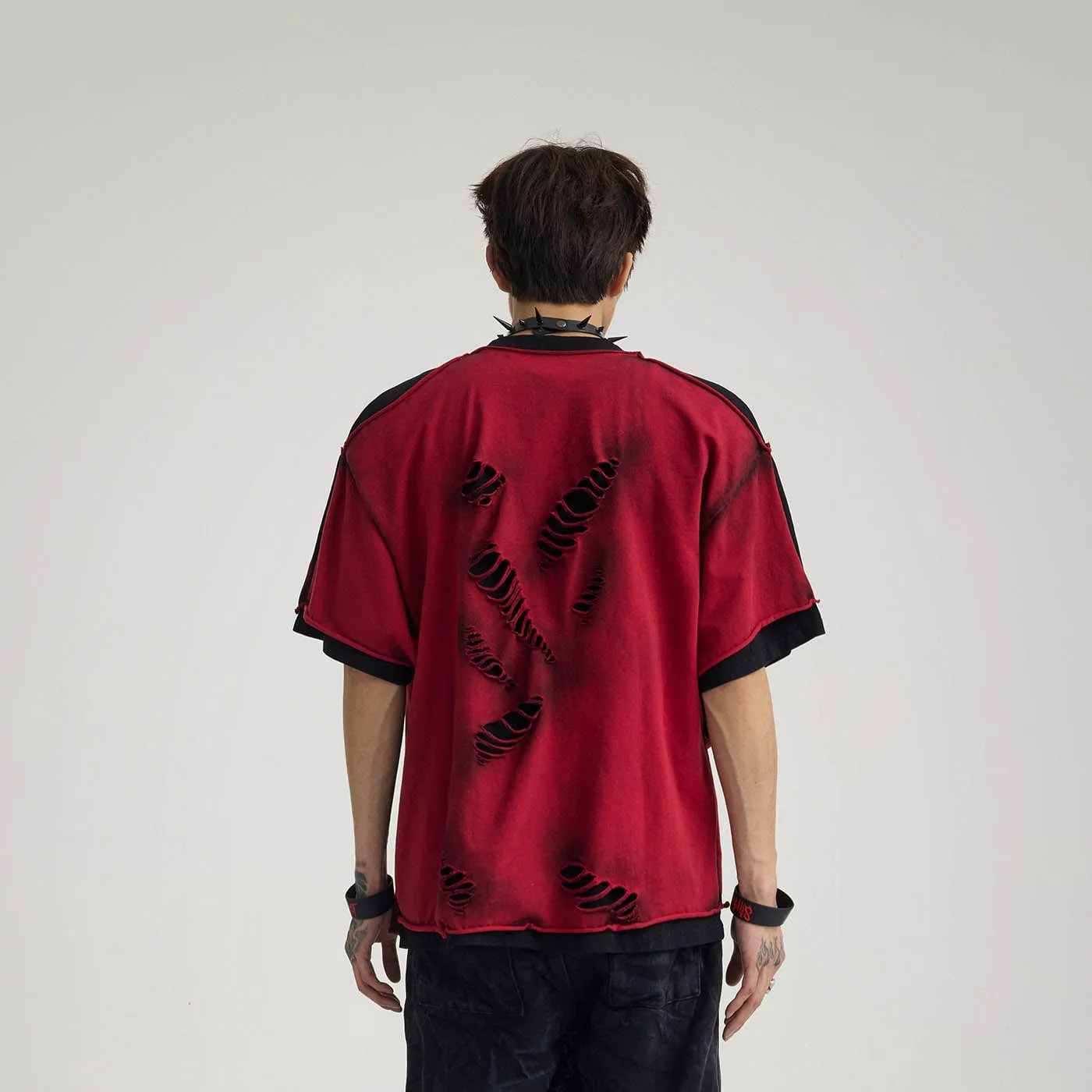 Double-Layered Ripped Red Tee