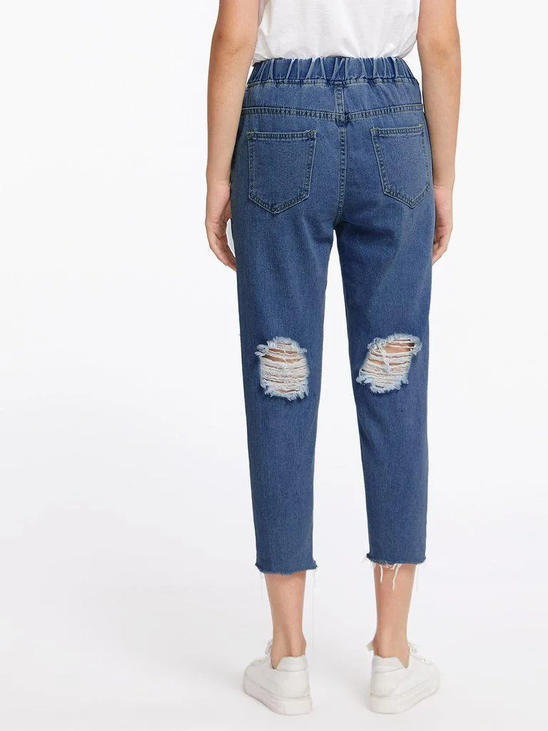 Extreme Destroyed Raw Hem Drawstring Waist Crop Jeans