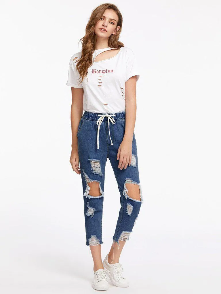 Extreme Destroyed Raw Hem Drawstring Waist Crop Jeans