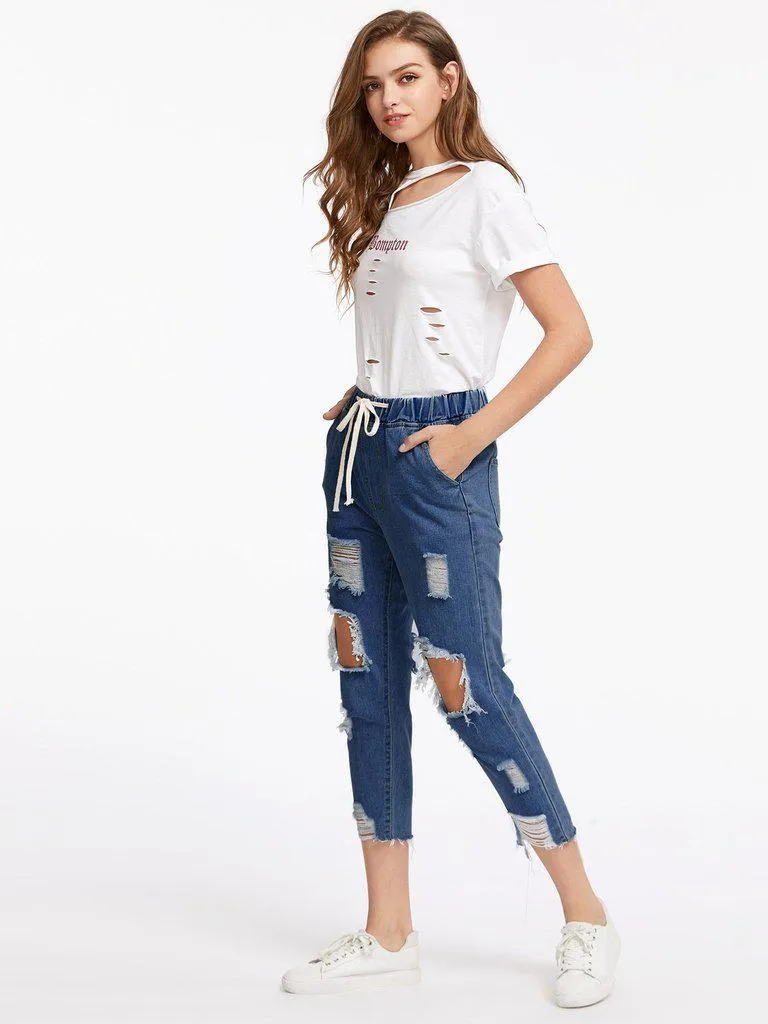 Extreme Destroyed Raw Hem Drawstring Waist Crop Jeans