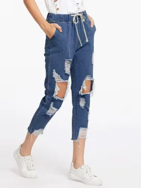 Extreme Destroyed Raw Hem Drawstring Waist Crop Jeans