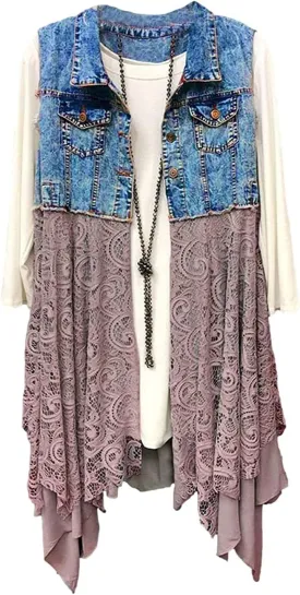 FindThy Womens Denim Vest Sleeveless Ripped Draped Patchwork Cardigan Jean Vest with Irregular Lace Extender Hem