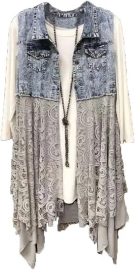 FindThy Womens Denim Vest Sleeveless Ripped Draped Patchwork Cardigan Jean Vest with Irregular Lace Extender Hem