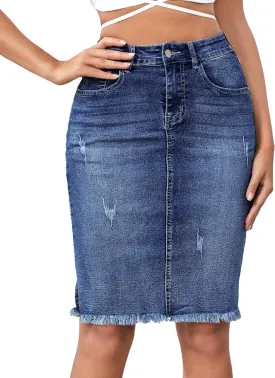 Floerns Women's Casual High Waist Ripped Slit Raw Hem Pencil Denim Skirt