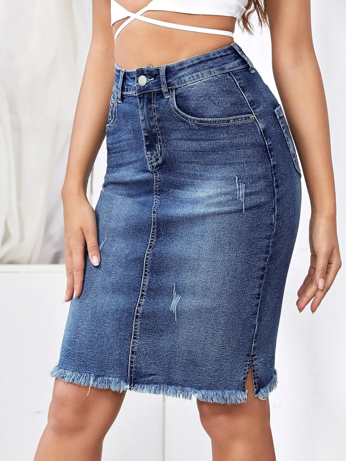 Floerns Women's Casual High Waist Ripped Slit Raw Hem Pencil Denim Skirt