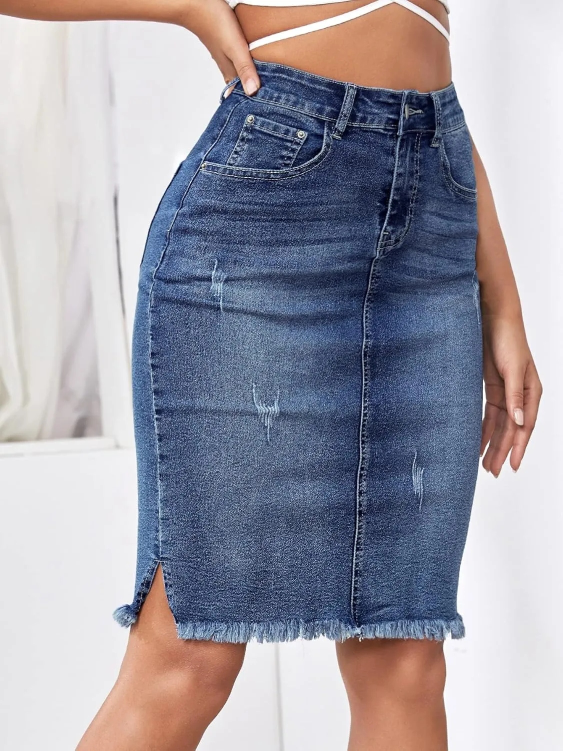 Floerns Women's Casual High Waist Ripped Slit Raw Hem Pencil Denim Skirt