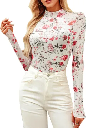 Floral Mesh Top for Women Mock Neck Long Sleeve Floral Shirts Date Night Outfit