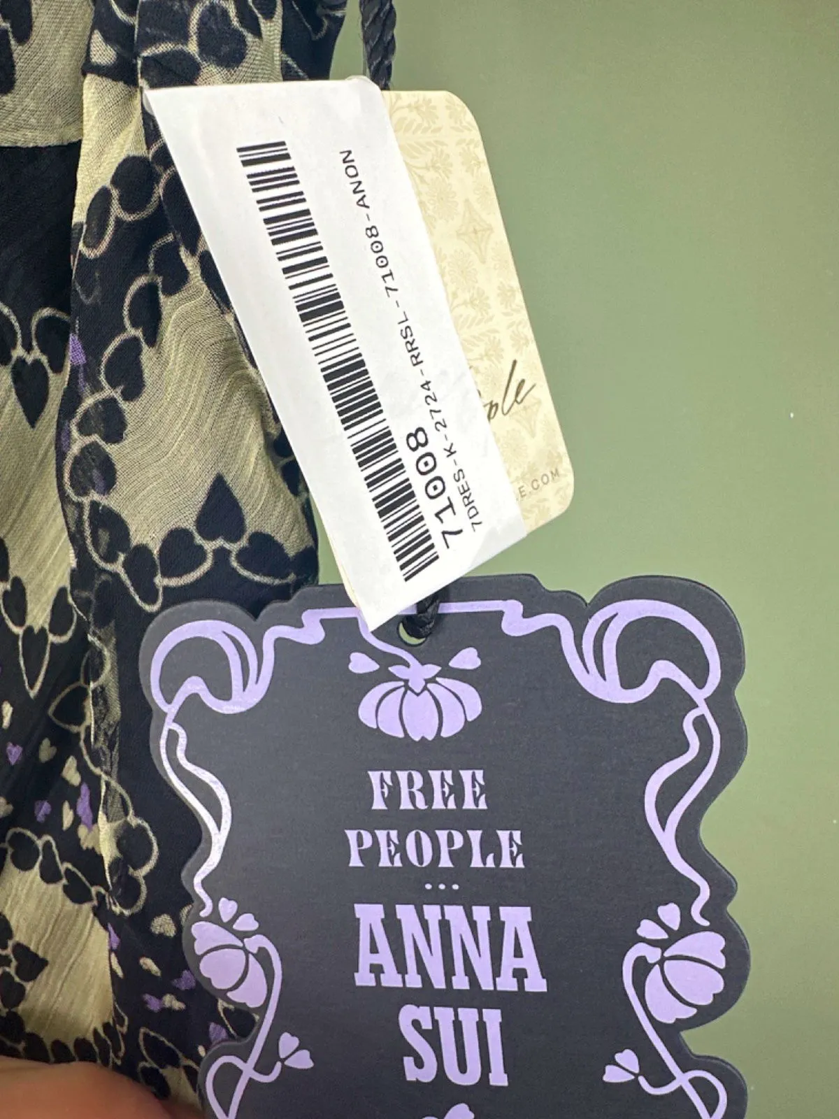 FREE PEOPLE x ANNA SUI ANABELE BIAS DRESS, BLACK GREEN SZ XS