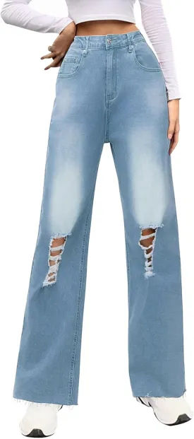 Genleck Women Loose Ripped Boyfriends Jeans High Waist Baggy Denim Pants Distressed Wide Leg Jeans Y2K