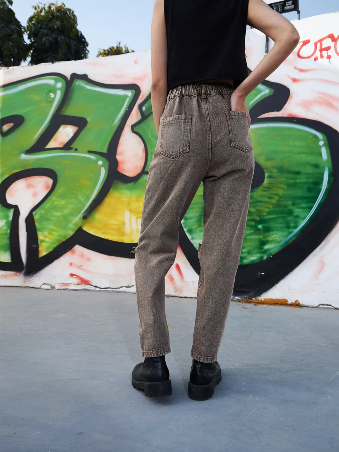 Girls Brown Acid Wash Carrot Fit Ripped Jeans
