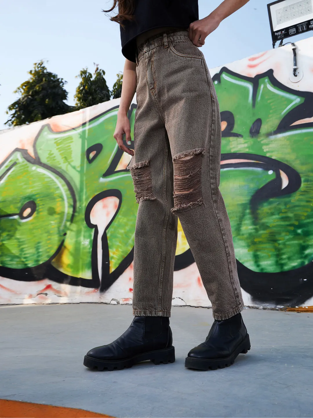 Girls Brown Acid Wash Carrot Fit Ripped Jeans