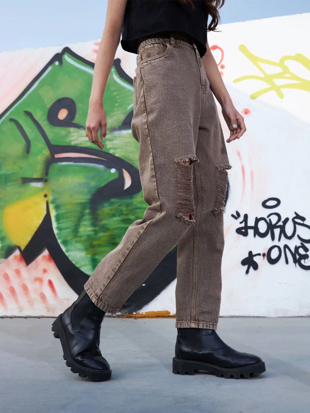 Girls Brown Acid Wash Carrot Fit Ripped Jeans