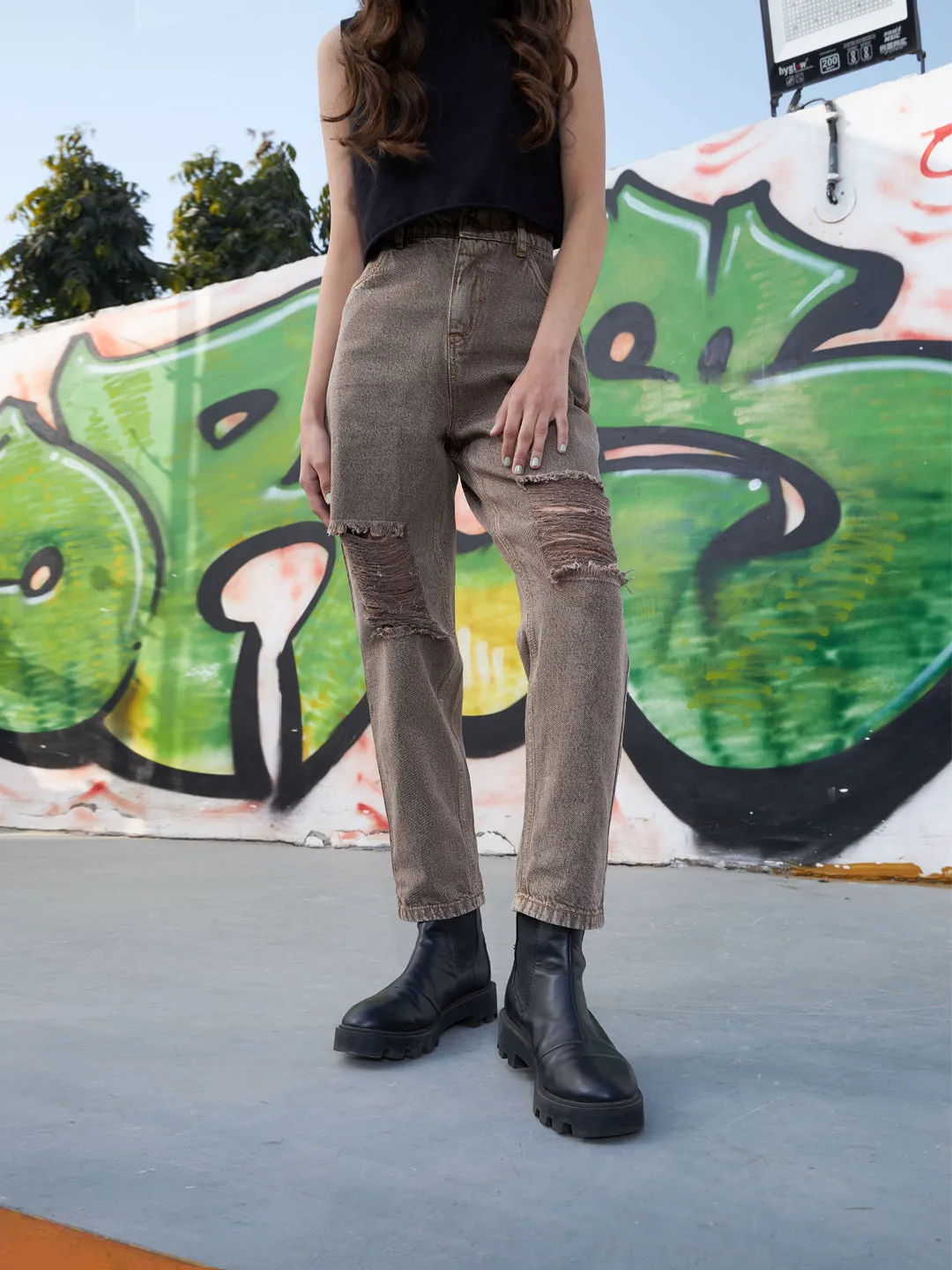 Girls Brown Acid Wash Carrot Fit Ripped Jeans