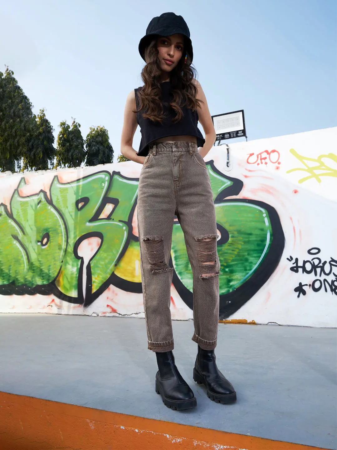 Girls Brown Acid Wash Carrot Fit Ripped Jeans
