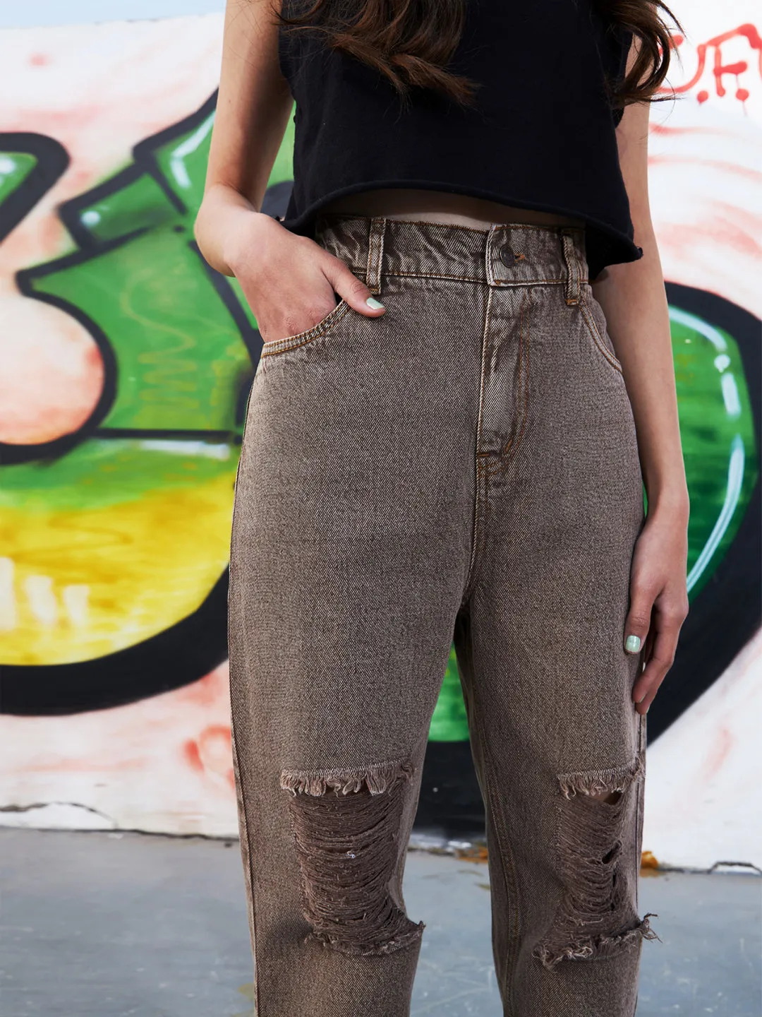 Girls Brown Acid Wash Carrot Fit Ripped Jeans