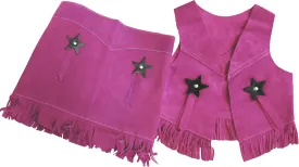 Girl's Western Suede Leather Vest & Skirt Set with Fringe