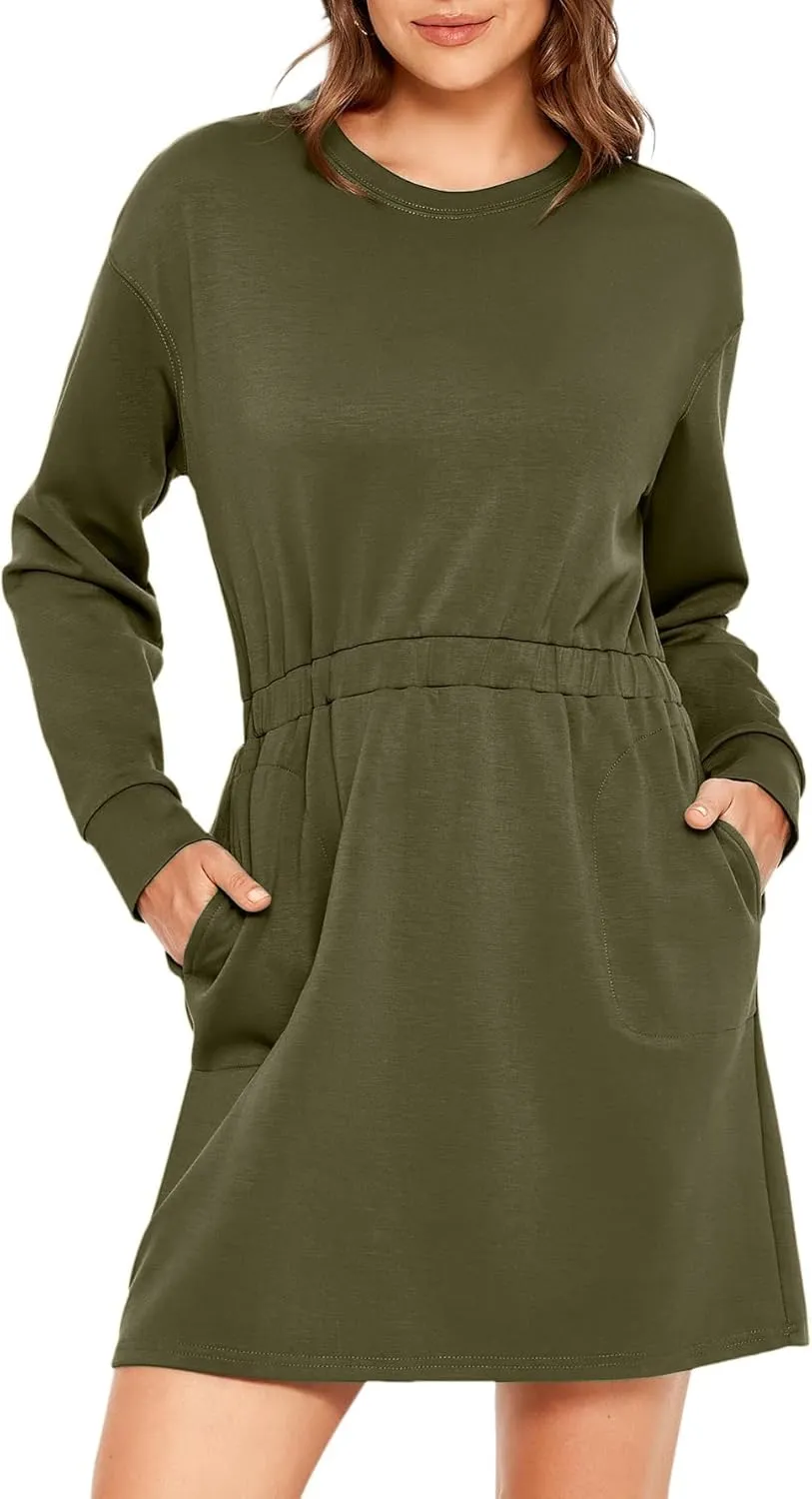 Glamaker Womens 2024 Fall Sweatshirt Dresses Winter Long Sleeve T Shirt Dresses Air Essential Outfit Dress with Pockets