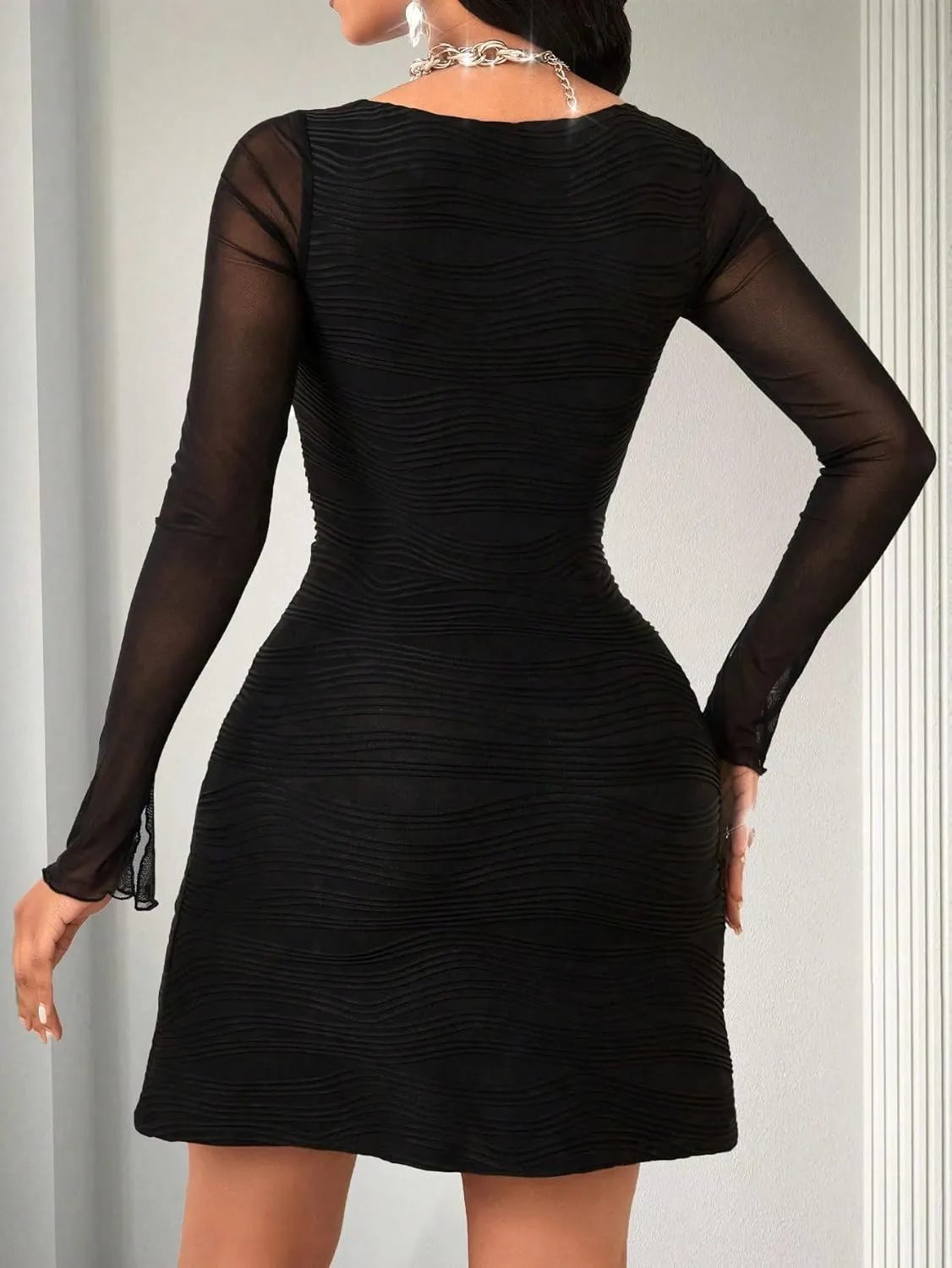 GothDark Women's Sexy Bodycon Dress Mesh Long Sleeve Square Neck Ruched Split Hem Club Party Mini Dresses