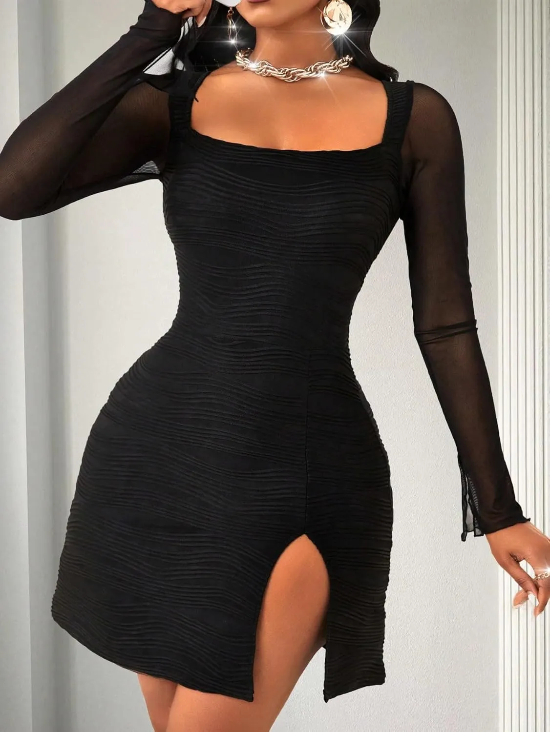 GothDark Women's Sexy Bodycon Dress Mesh Long Sleeve Square Neck Ruched Split Hem Club Party Mini Dresses