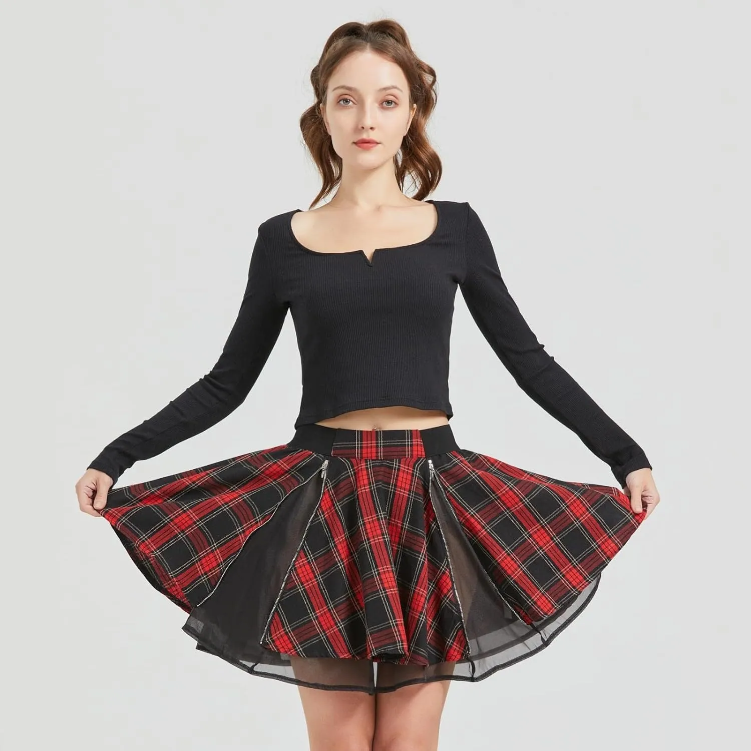 Gothic Skirts Cute High Elastic Waisted Plaid Kilts for Women Trendy Hem Flared Knee Length Mini Skater Skirt