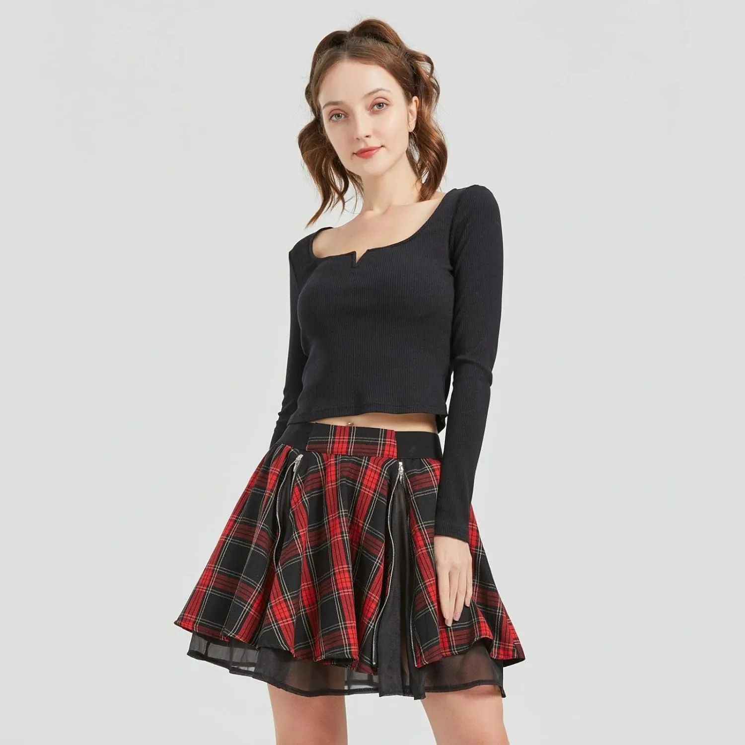 Gothic Skirts Cute High Elastic Waisted Plaid Kilts for Women Trendy Hem Flared Knee Length Mini Skater Skirt