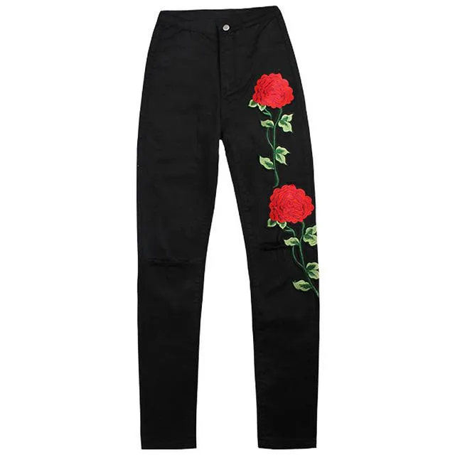HEE GRAND Stereo Rose Embroidered Women Pencil Pants 2017 Spring Summer Black Female Jeans High Waist Knee Holes Denim WKN552
