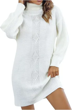 HGps8w Women's Pullover Turtleneck Sweater Dress, Loose Lantern Long Sleeve Cable Knit Casual Cozy Midi Dresses